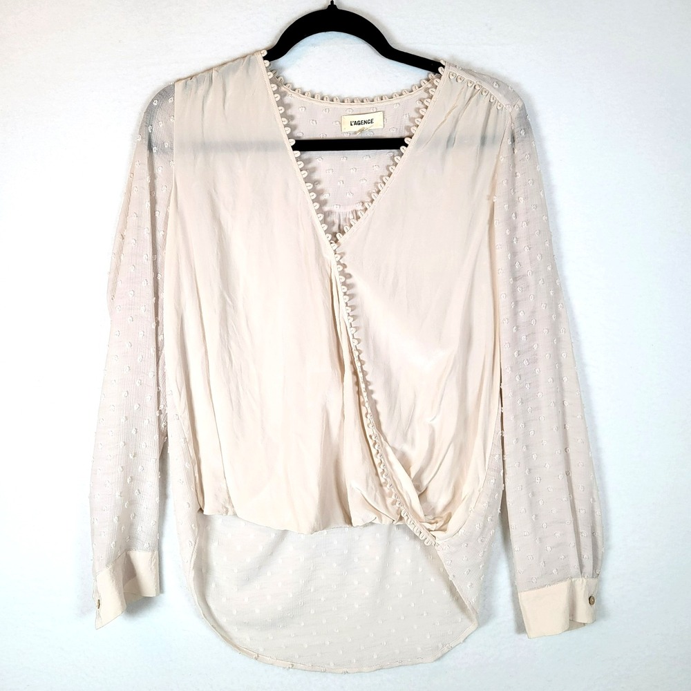 L'Agence Women Perry Silk Faux Wrap Swiss Dot Sheer Blouse Top Size Small Beige